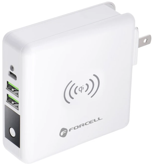 Daugiafunkcis įkroviklis Forcell F-Energy 4in1 2 x USB A + USB C 15W + išorinė baterija 8000mAh + belaidis įkrovimas baltas