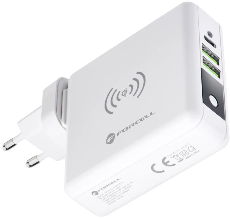Daugiafunkcis įkroviklis Forcell F-Energy 4in1 2 x USB A + USB C 15W + išorinė baterija 8000mAh + belaidis įkrovimas baltas