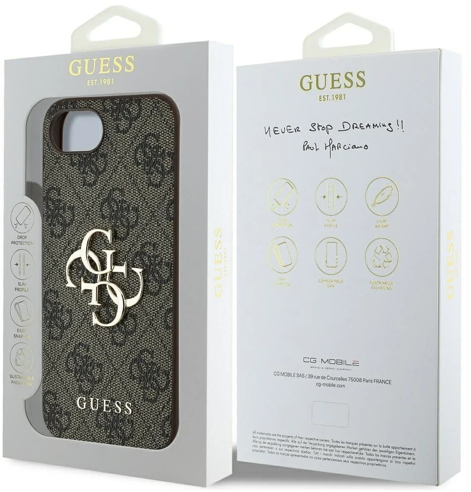 Guess PU 4G Metal Logo iPhone 16e dėklas telefonui, rudos spalvos