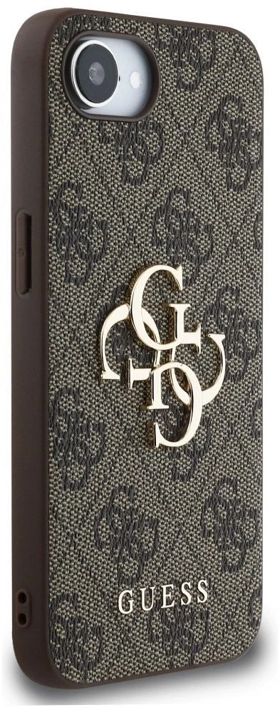 Guess PU 4G Metal Logo iPhone 16e dėklas telefonui, rudos spalvos