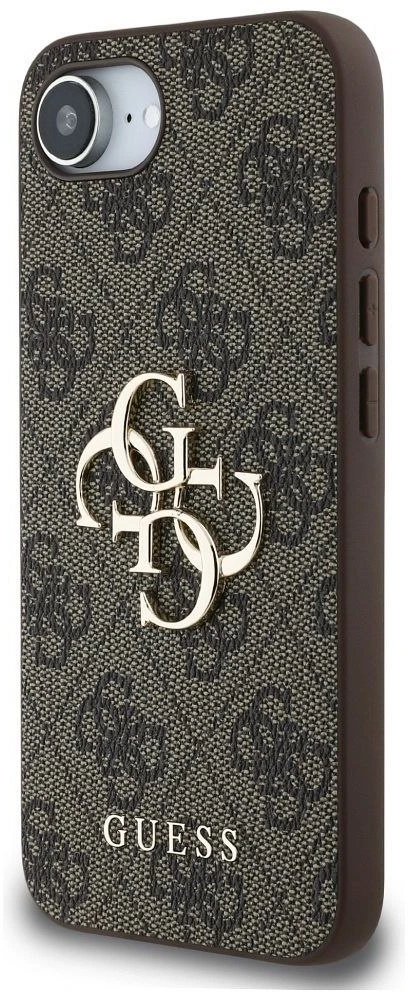 Guess PU 4G Metal Logo iPhone 16e dėklas telefonui, rudos spalvos