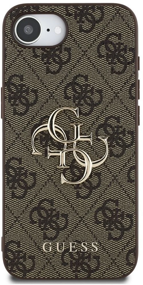 Guess PU 4G Metal Logo iPhone 16e dėklas telefonui, rudos spalvos