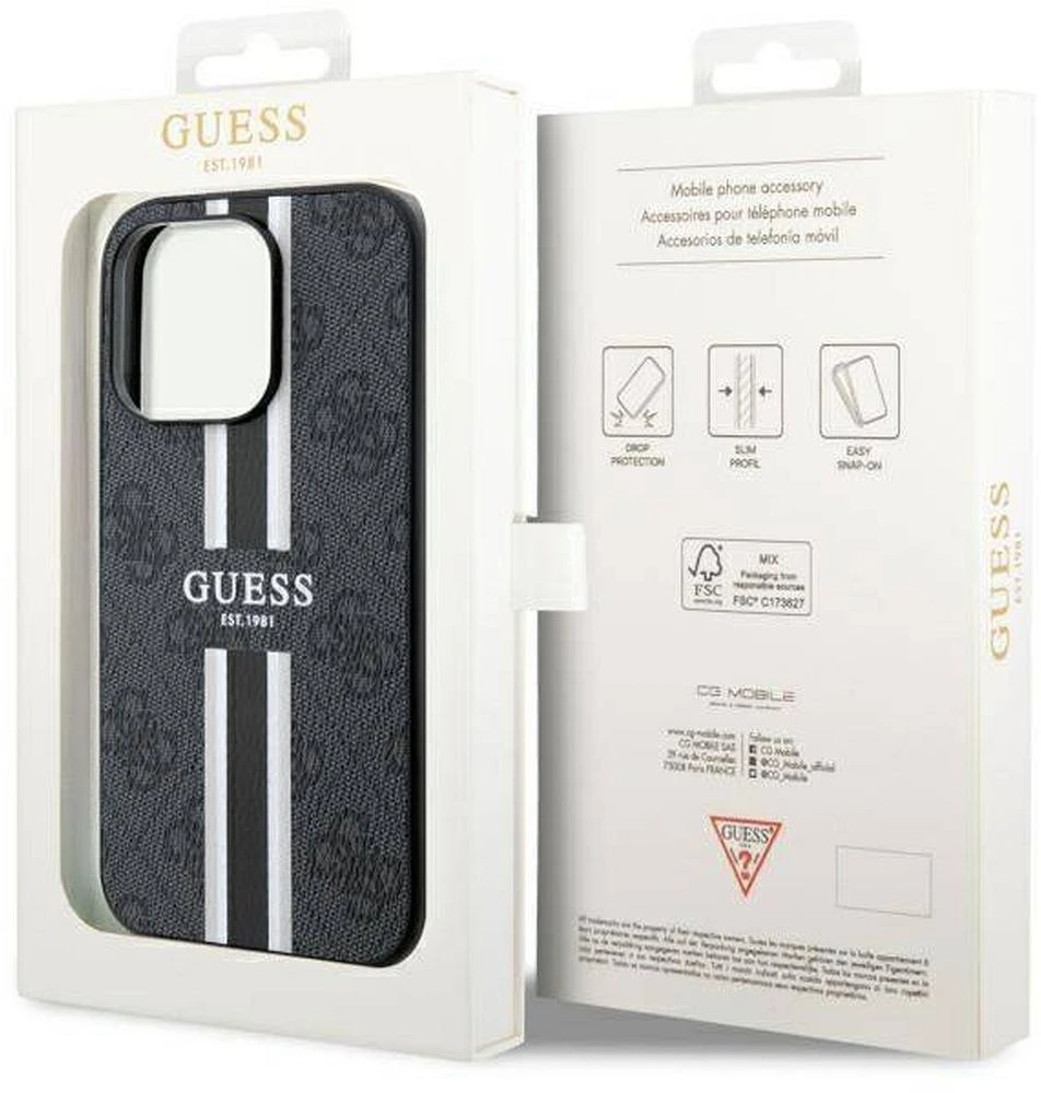 Guess telefono dėklas iPhone 14 Pro Max 6,7 GUHMP14XP4RPSK juodas hard telefono dėklas 4G Printed Stripes MagSafe