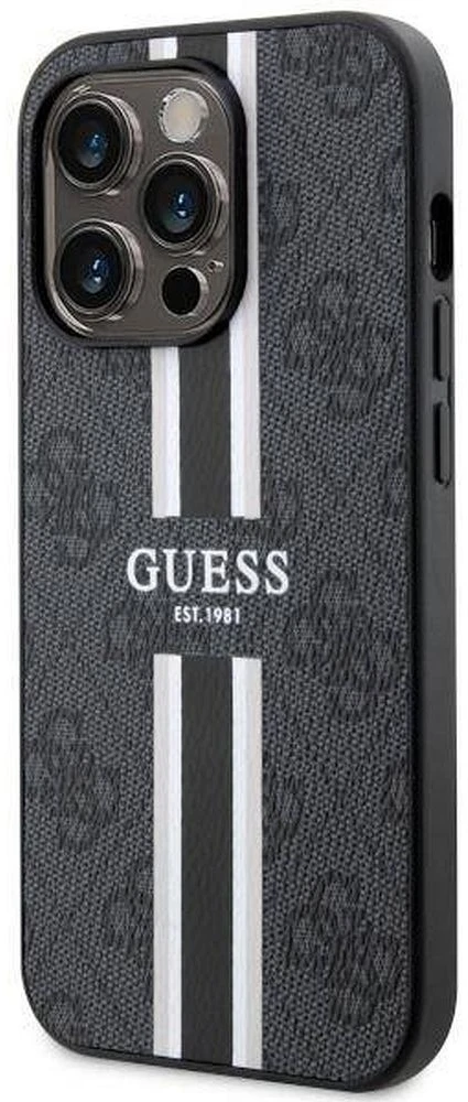 Guess telefono dėklas iPhone 14 Pro Max 6,7 GUHMP14XP4RPSK juodas hard telefono dėklas 4G Printed Stripes MagSafe