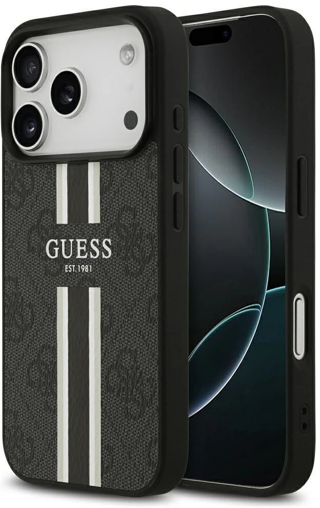GUESS dėklas, skirtas IPHONE 17 Pro, suderinamas su MagSafe GUHMP17LP4RPSK (4G spausdintos juostelės), juodas