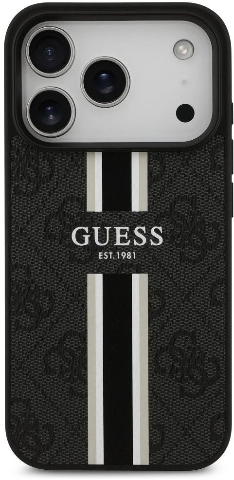 GUESS dėklas, skirtas IPHONE 17 Pro, suderinamas su MagSafe GUHMP17LP4RPSK (4G spausdintos juostelės), juodas