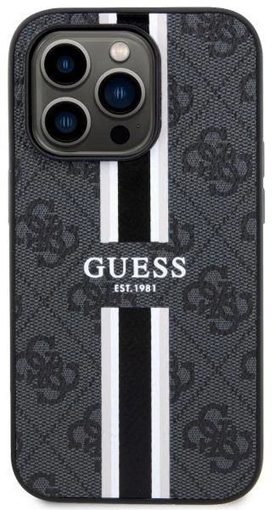 Guess telefono dėklas iPhone 14 Pro Max 6,7 GUHMP14XP4RPSK juodas hard telefono dėklas 4G Printed Stripes MagSafe