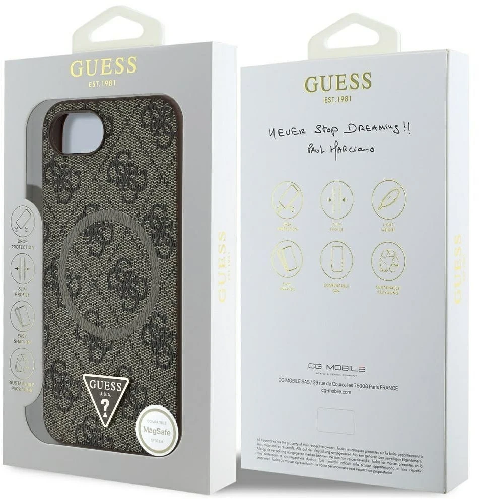 Guess PU 4G Strass Triangle Metal Logo iPhone 16e dėklas telefonui rudos spalvos