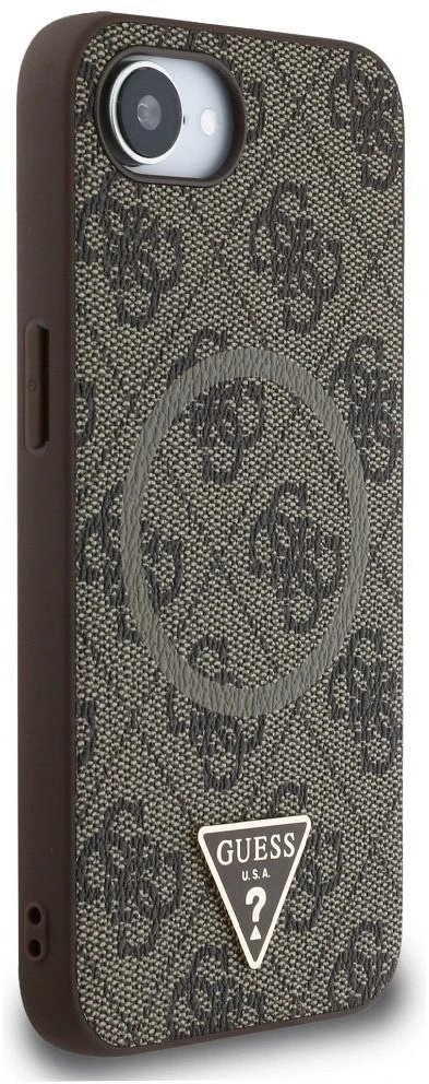 Guess PU 4G Strass Triangle Metal Logo iPhone 16e dėklas telefonui rudos spalvos