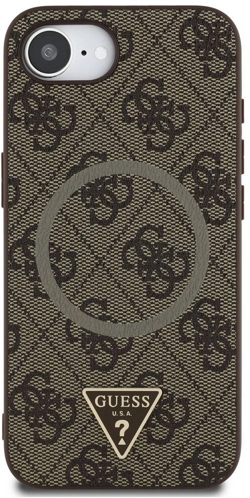 Guess PU 4G Strass Triangle Metal Logo iPhone 16e dėklas telefonui rudos spalvos