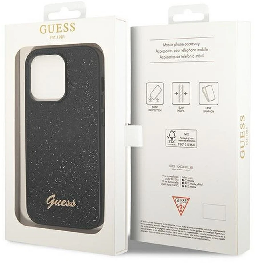 Guess GUHCP14LHGGSHK iPhone 14 Pro 6,1″ juodos spalvos kietas dėklas Glitter Script