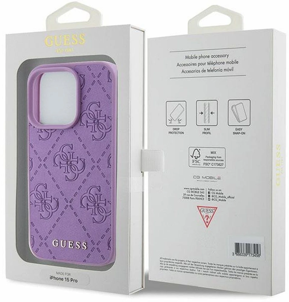 Guess GUHCP15XP4EPMU iPhone 15 Pro Max 6.7″ šviesiai violetinės spalvos kietas dėklas Leather 4G Stamped
