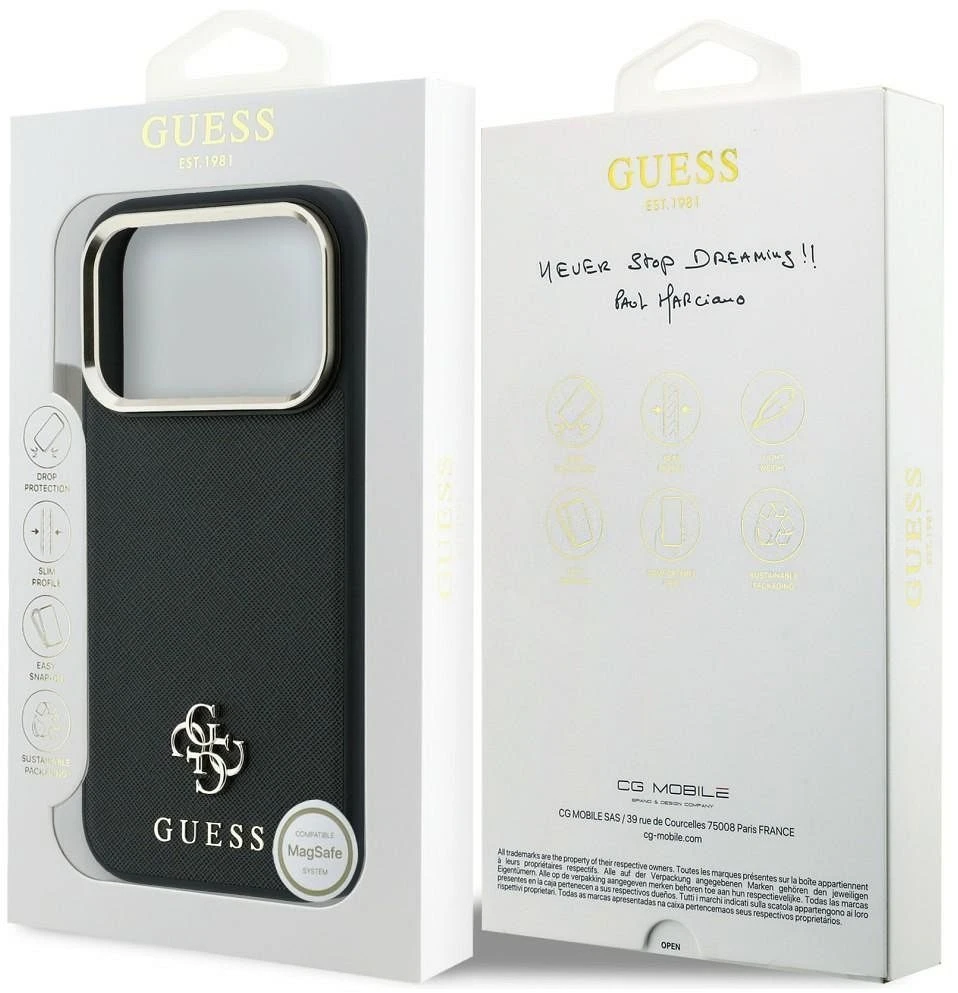 Dėklas Guess Saffiano Small 4G & Classic Logo MagSafe Case, skirtas iPhone 17 Pro Max / 18 Pro Max – Juoda