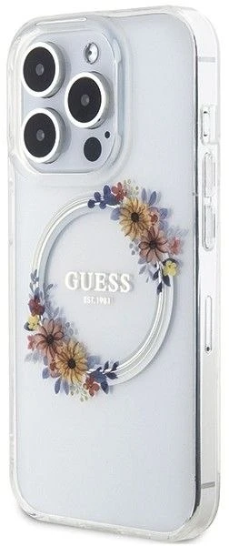 GUESS GUHMP15XHFWFFCT IPHONE 15 PRO MAX 6,7 col. permatomas kietas dėklas IML FLOWERS WREATCH MAGSAFE