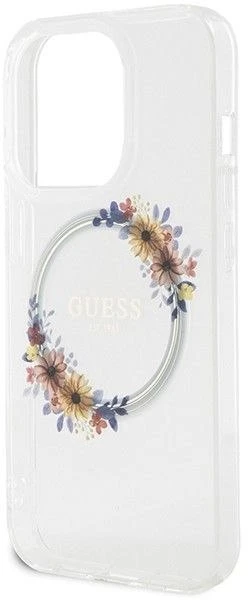GUESS GUHMP15XHFWFFCT IPHONE 15 PRO MAX 6,7 col. permatomas kietas dėklas IML FLOWERS WREATCH MAGSAFE