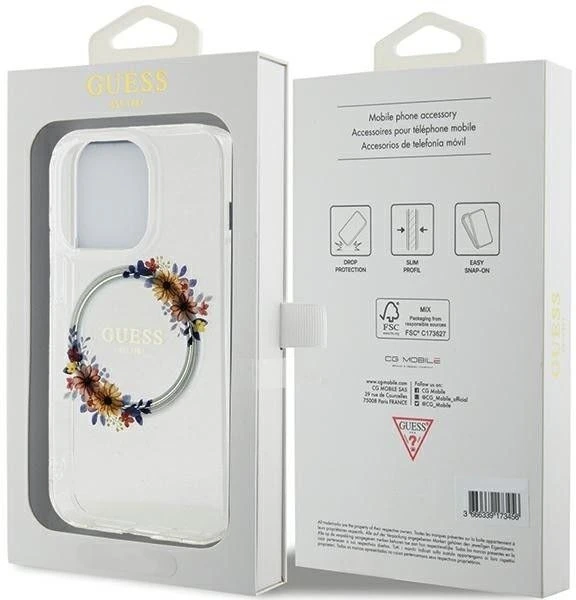 GUESS GUHMP15XHFWFFCT IPHONE 15 PRO MAX 6,7 col. permatomas kietas dėklas IML FLOWERS WREATCH MAGSAFE