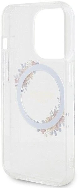 GUESS GUHMP15XHFWFFCT IPHONE 15 PRO MAX 6,7 col. permatomas kietas dėklas IML FLOWERS WREATCH MAGSAFE