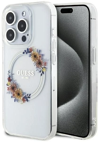 GUESS GUHMP15XHFWFFCT IPHONE 15 PRO MAX 6,7 col. permatomas kietas dėklas IML FLOWERS WREATCH MAGSAFE