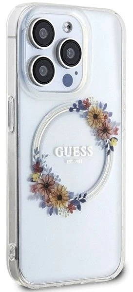 GUESS GUHMP15XHFWFFCT IPHONE 15 PRO MAX 6,7 col. permatomas kietas dėklas IML FLOWERS WREATCH MAGSAFE