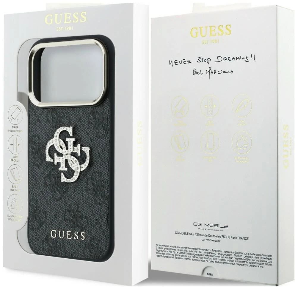 Dėklas Guess 4G & Big Strass Logo Case, skirta iPhone 17 Pro Max / 18 Pro Max – Juoda
