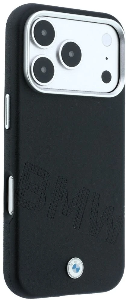 BMW ženklas su pasvirusiomis įspaustomis raidėmis MagSafe dėklas iPhone 18 Pro Max / 17 Pro Max - Juodas