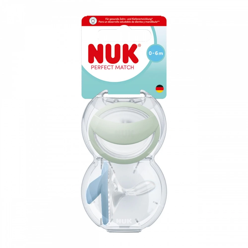 Dummy NUK Perfect Match čiulptukas, silikoninis, 0-6 mėn., 2 vnt., žalia/mėlyna