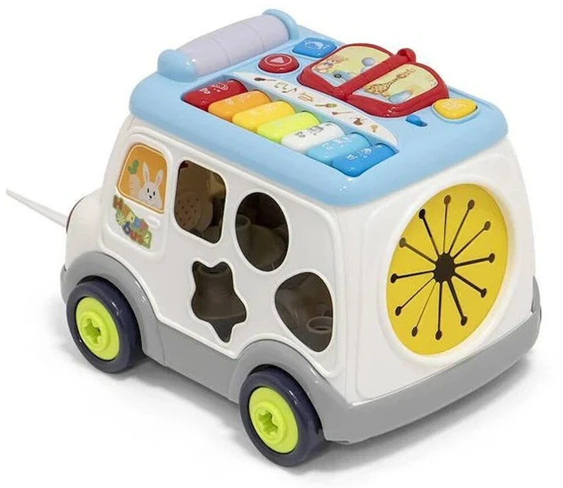 Edukacinis daugiafunkcis autobusas su pianinu ir rūšiavimo žaidimu