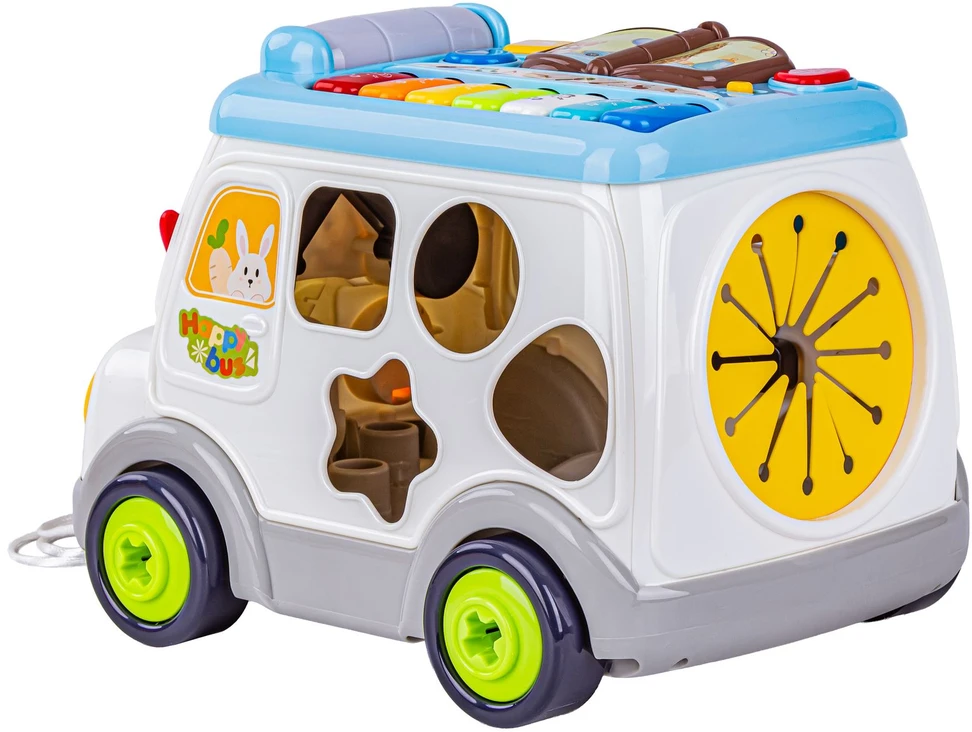 Edukacinis daugiafunkcis autobusas su pianinu ir rūšiavimo žaidimu