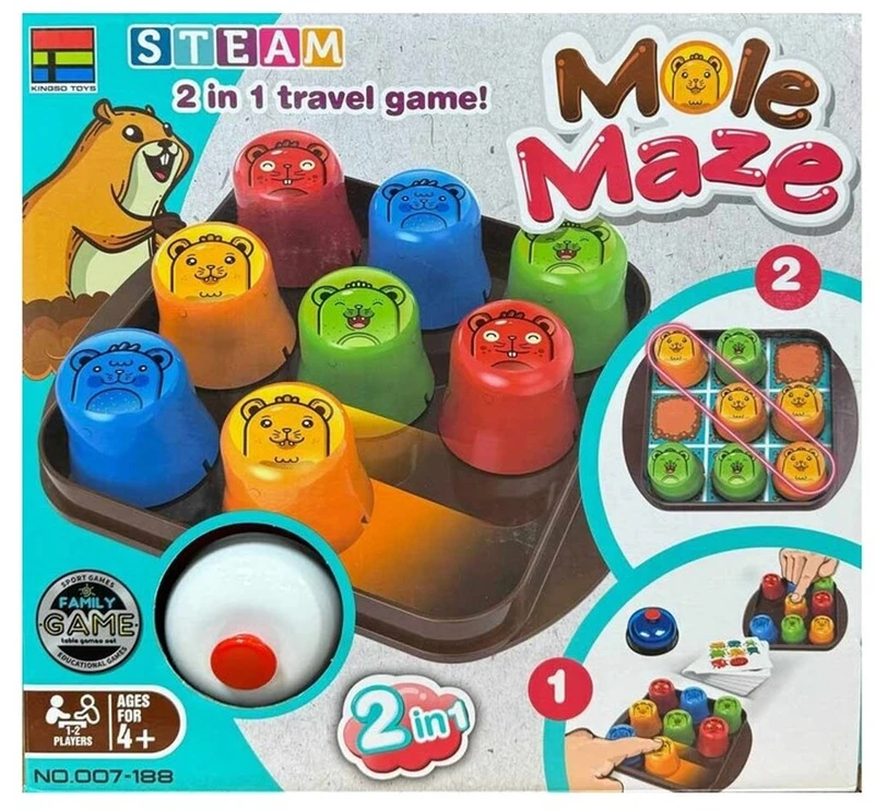 Edukacinis loginis žaidimas MOLE MAZE 2in1 su kortelėmis ir kryžiuku