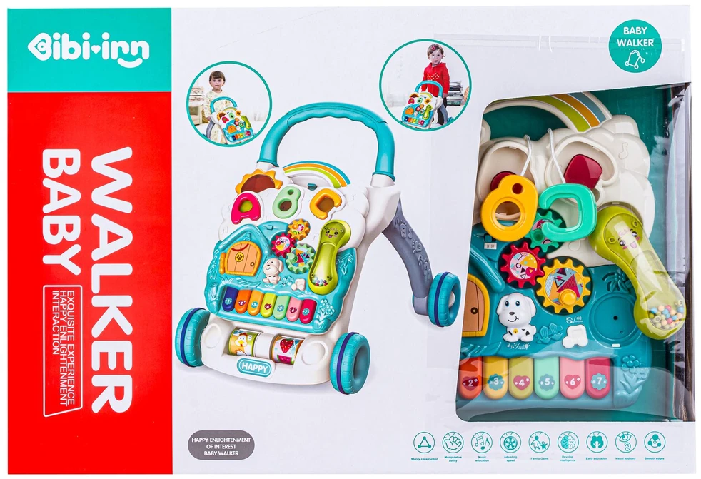 Edukacinis mėlynas vaikštynėlis ir muzikos stumdukas vaikams
