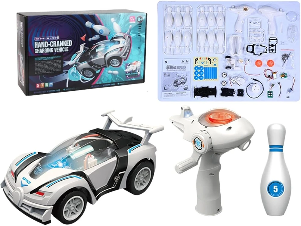 Edukacinis surenkamas automobilis su dinaminiu užvedimu ir boulingo žaidimu