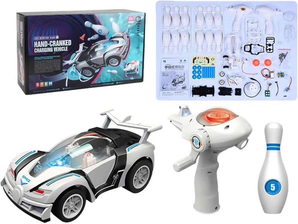 Edukacinis surenkamas automobilis su dinaminiu užvedimu ir boulingo žaidimu