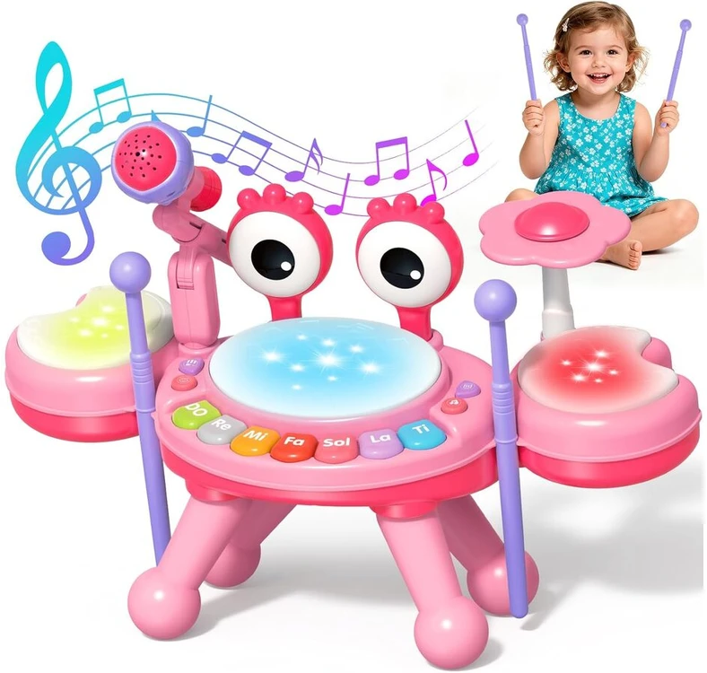 Edukacinis vaikiškas muzikinis rinkinys rožinis su būgnais, pianinu ir mikrofonu