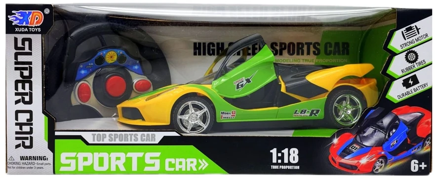 Geltonas nuotoliniu būdu valdomas sportinis automobilis su LED žibintais