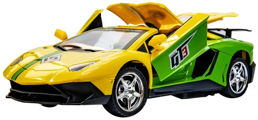 Geltonas nuotoliniu būdu valdomas sportinis automobilis su LED žibintais