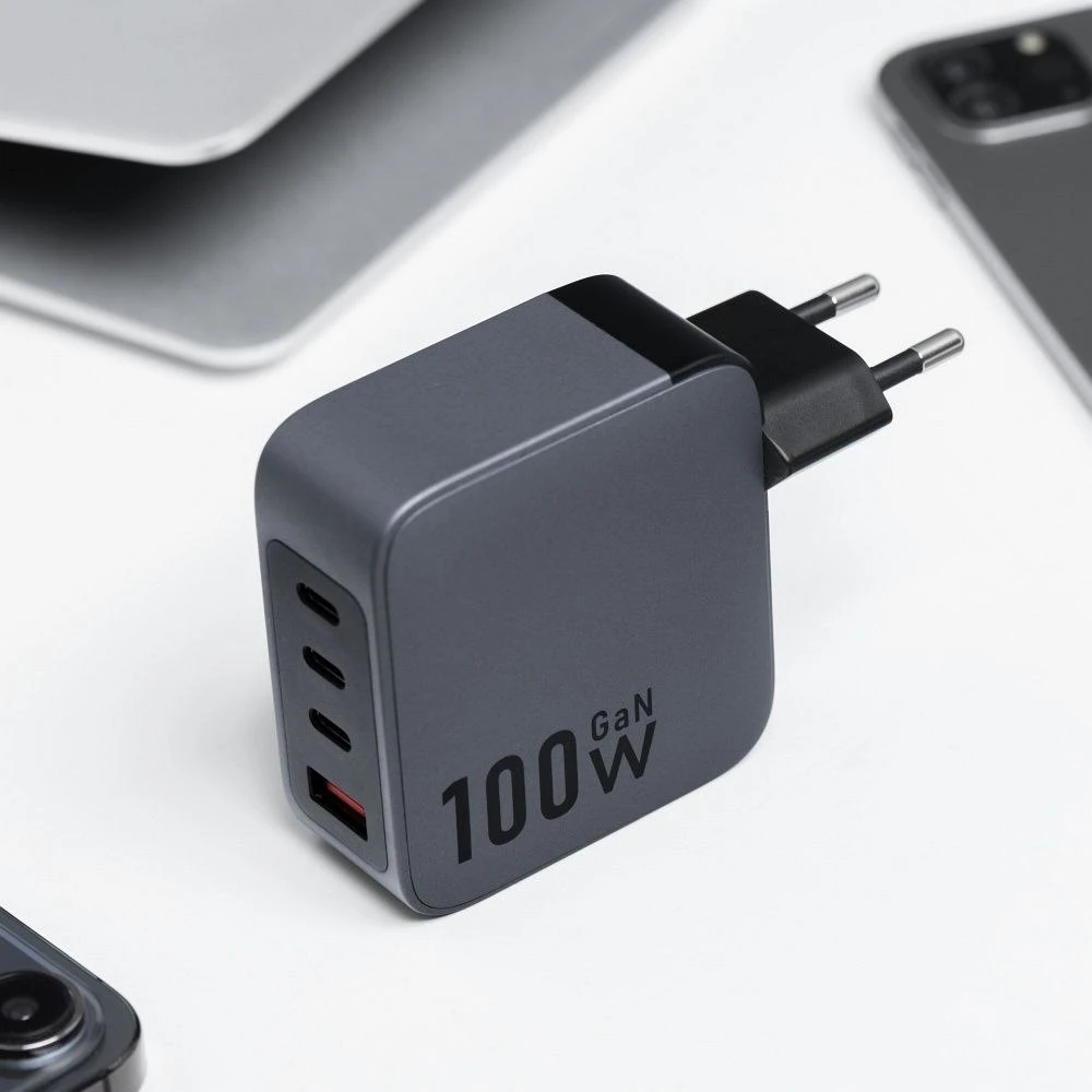 Telefono įkroviklis Forcell F-Energy GaN 3 x USB C + USB A QC4.0 PD 5A 100W VT-46 pilka
