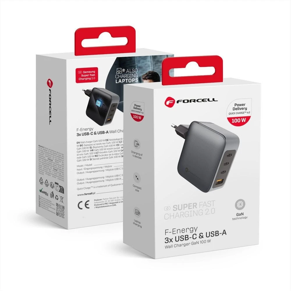 Telefono įkroviklis Forcell F-Energy GaN 3 x USB C + USB A QC4.0 PD 5A 100W VT-46 pilka