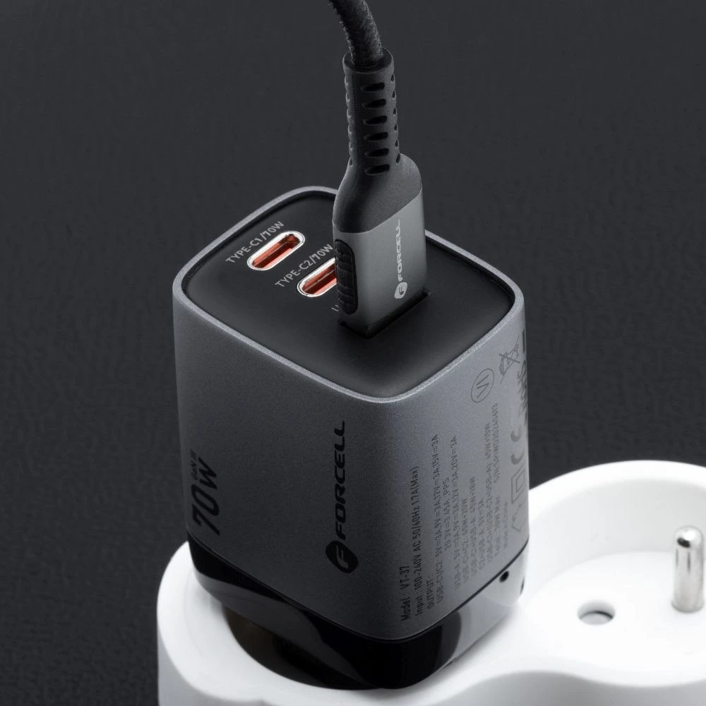 Telefono įkroviklis Forcell F-Energy GaN III 2 x USB C + USB A QC4.0 3,45A PD 70W SAM SFC2.0 su LCD ekranu VT-37 pilka