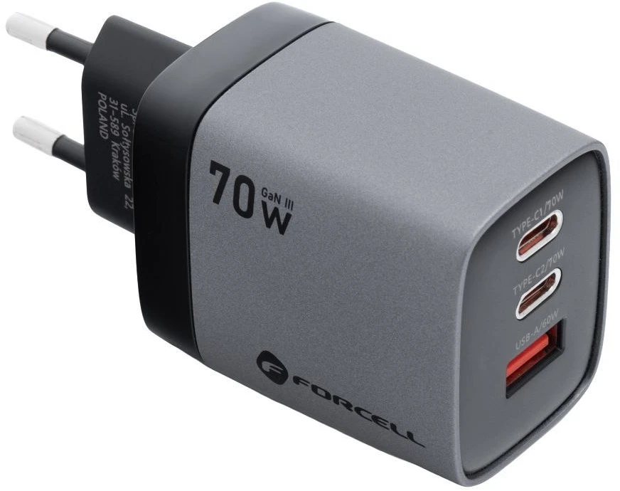 Telefono įkroviklis Forcell F-Energy GaN III 2 x USB C + USB A QC4.0 3,45A PD 70W SAM SFC2.0 su LCD ekranu VT-37 pilka