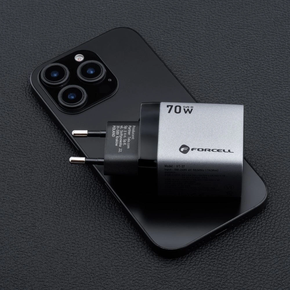 Telefono įkroviklis Forcell F-Energy GaN III 2 x USB C + USB A QC4.0 3,45A PD 70W SAM SFC2.0 su LCD ekranu VT-37 pilka