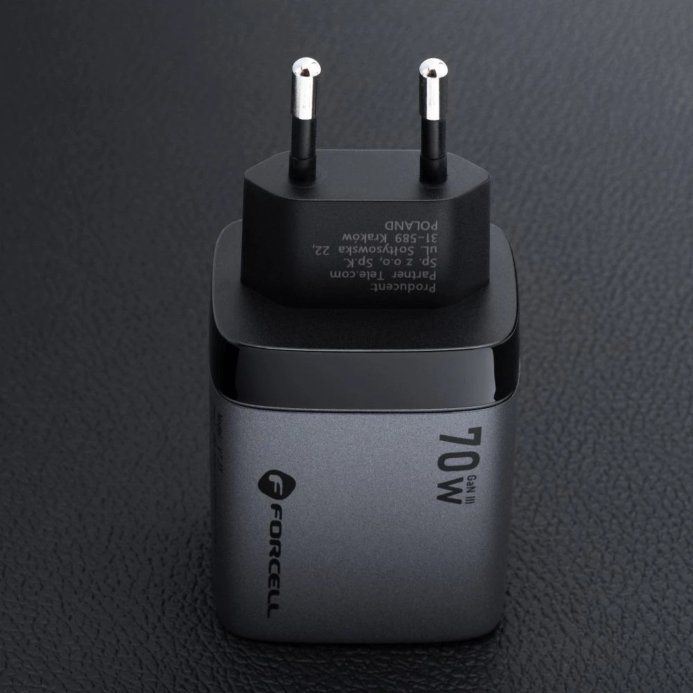 Telefono įkroviklis Forcell F-Energy GaN III 2 x USB C + USB A QC4.0 3,45A PD 70W SAM SFC2.0 su LCD ekranu VT-37 pilka