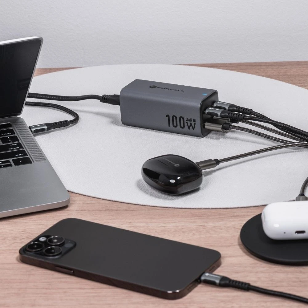Stalinis įkroviklis Forcell F-Energy GaN III 2 x USB C + 2 x USB A QC4.0 PD 5A 100W VT-49 pilka