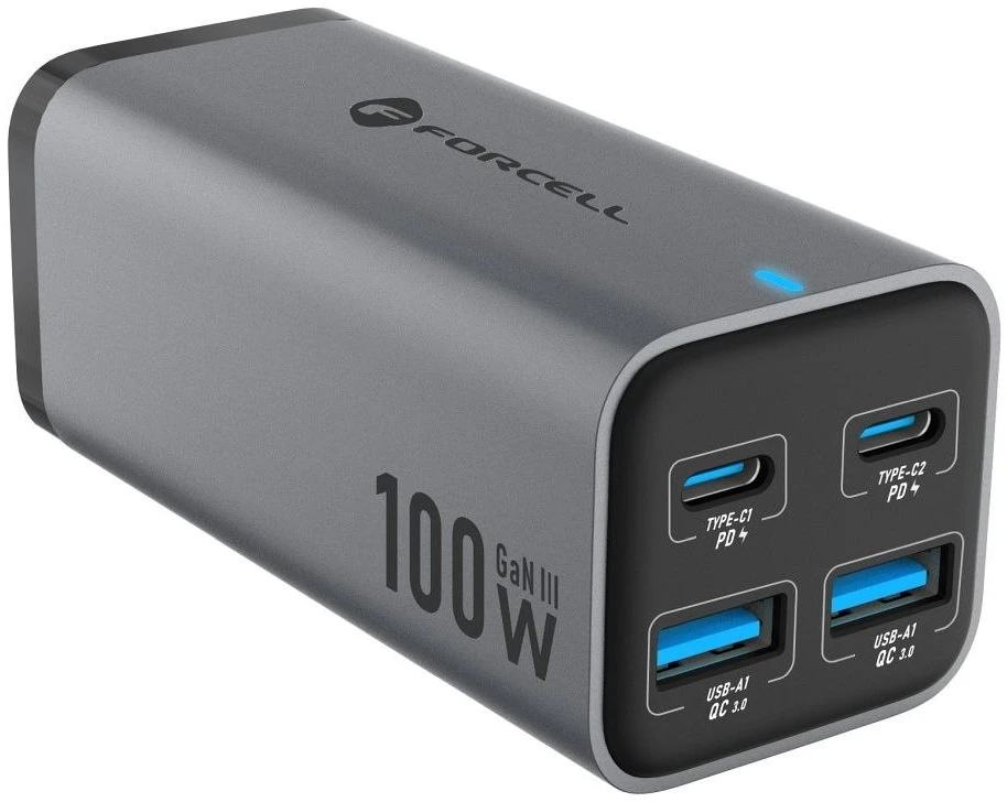 Stalinis įkroviklis Forcell F-Energy GaN III 2 x USB C + 2 x USB A QC4.0 PD 5A 100W VT-49 pilka