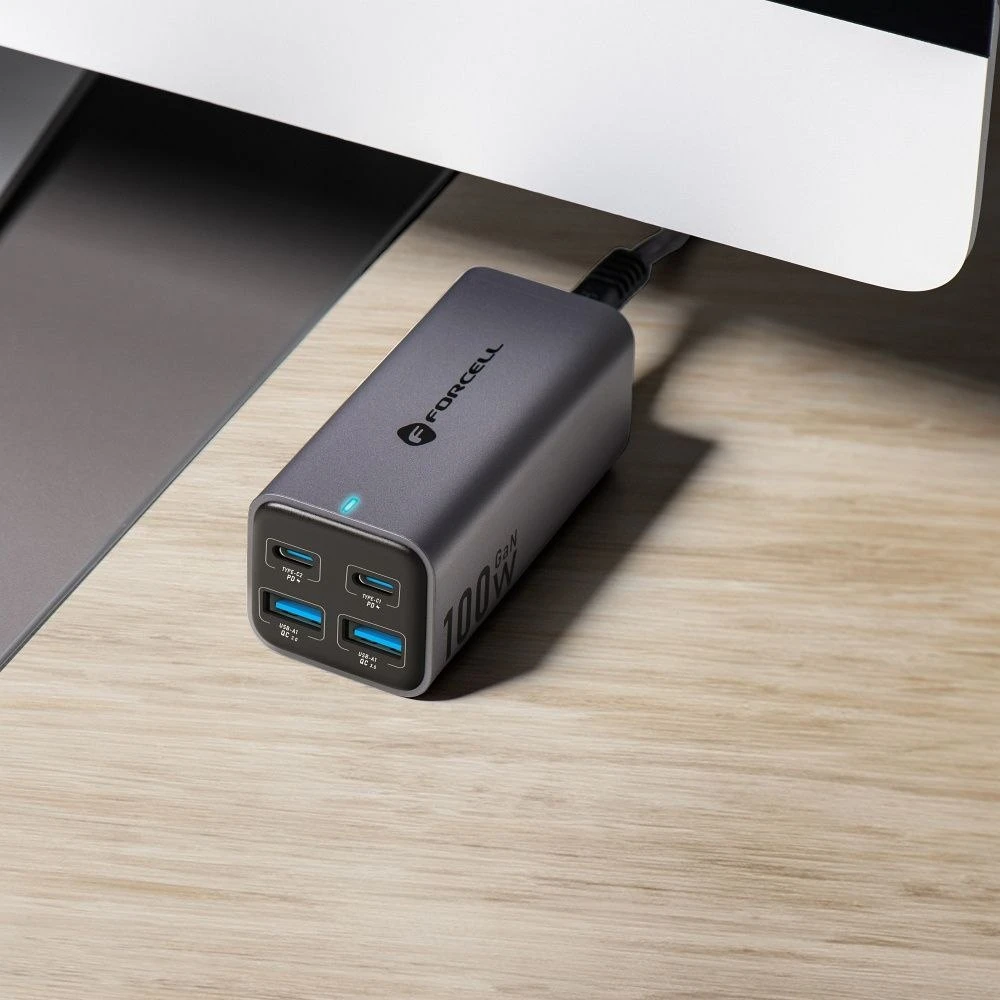 Stalinis įkroviklis Forcell F-Energy GaN III 2 x USB C + 2 x USB A QC4.0 PD 5A 100W VT-49 pilka