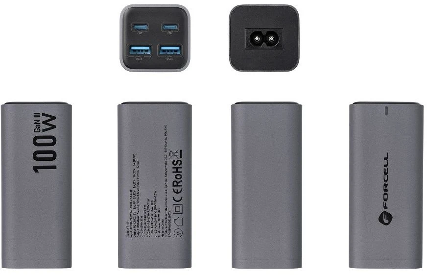 Stalinis įkroviklis Forcell F-Energy GaN III 2 x USB C + 2 x USB A QC4.0 PD 5A 100W VT-49 pilka