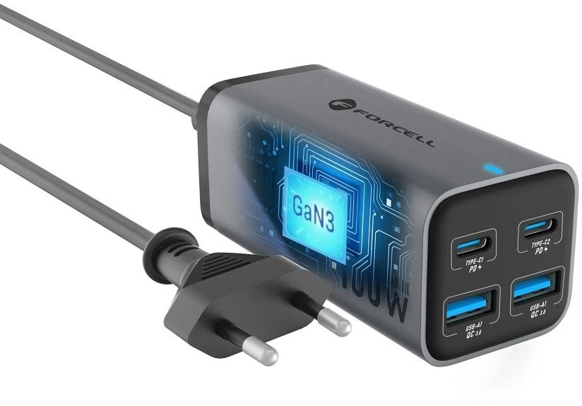 Stalinis įkroviklis Forcell F-Energy GaN III 2 x USB C + 2 x USB A QC4.0 PD 5A 100W VT-49 pilka