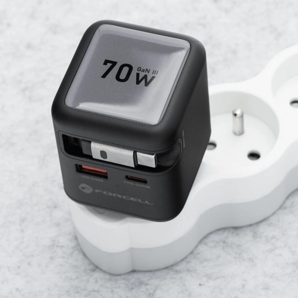 Telefono įkroviklis Forcell F-Energy GaN USB C + USB A + ištraukiamas laidas USB C PD QC4.0 3A 70W VT-R7 pilka
