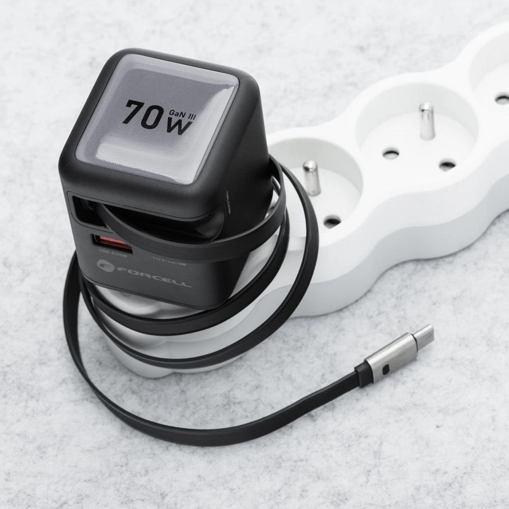 Telefono įkroviklis Forcell F-Energy GaN USB C + USB A + ištraukiamas laidas USB C PD QC4.0 3A 70W VT-R7 pilka