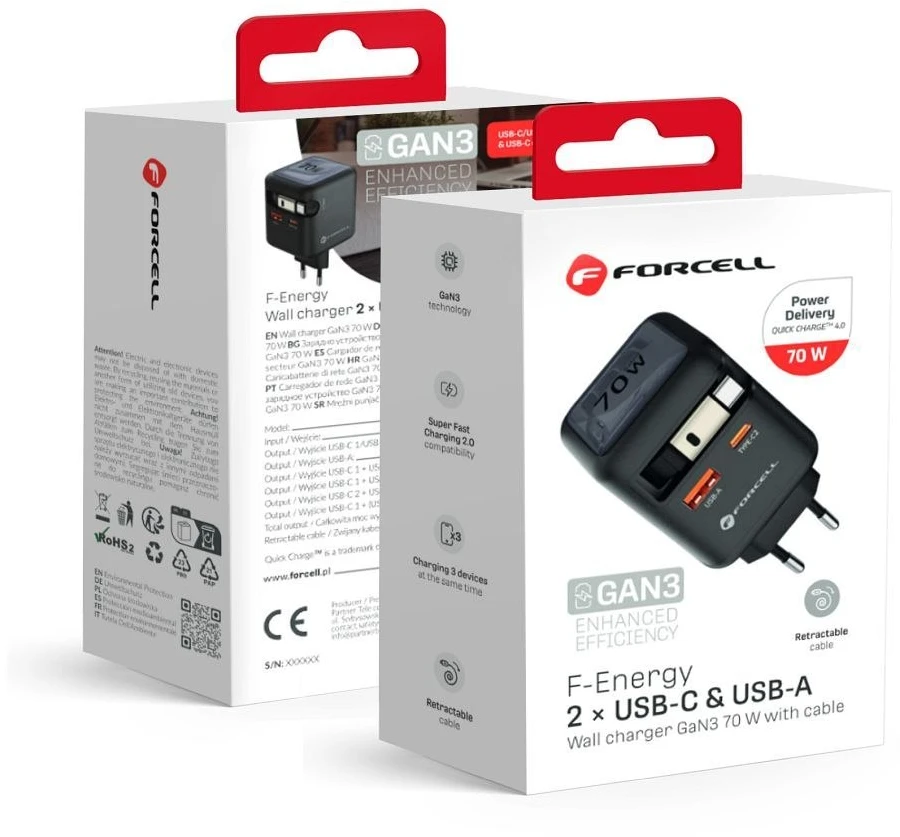 Telefono įkroviklis Forcell F-Energy GaN USB C + USB A + ištraukiamas laidas USB C PD QC4.0 3A 70W VT-R7 pilka