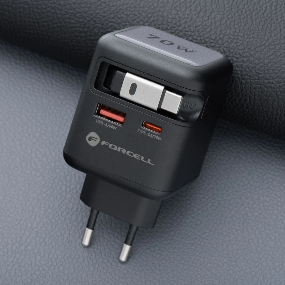 Telefono įkroviklis Forcell F-Energy GaN USB C + USB A + ištraukiamas laidas USB C PD QC4.0 3A 70W VT-R7 pilka